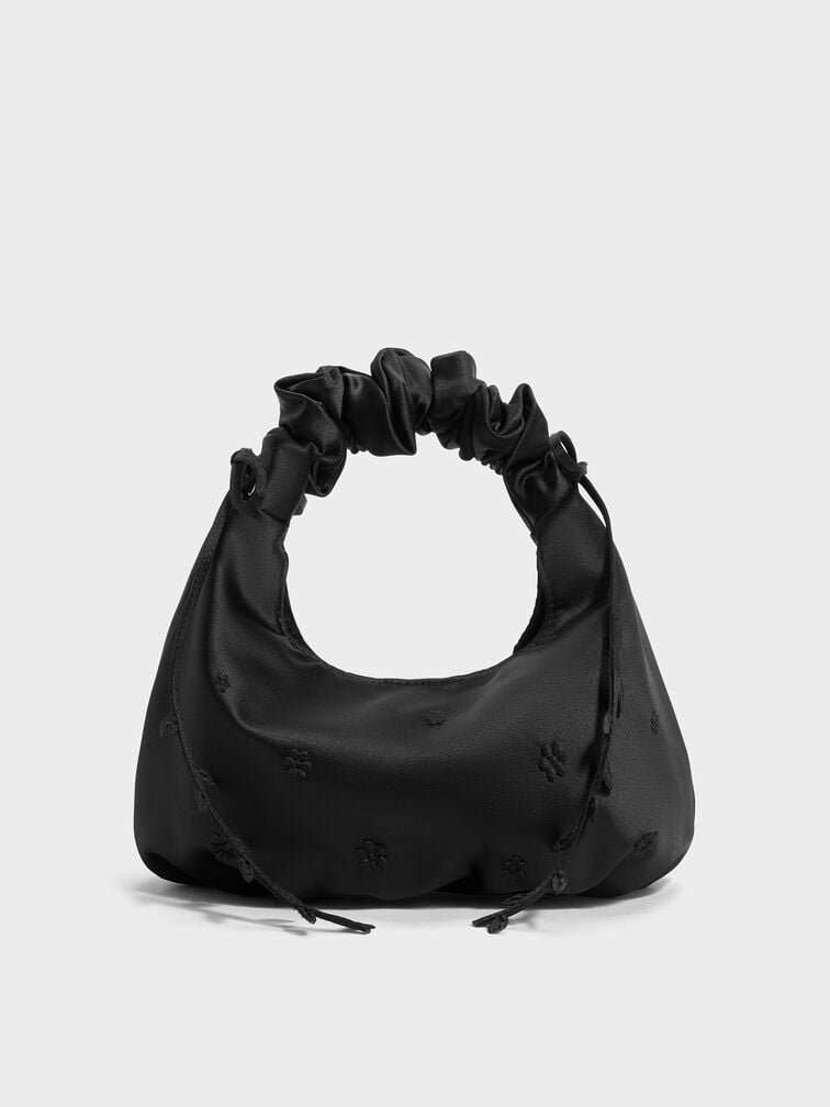 Mabel Satin Floral-Vine Hobo Bag, Noir, hi-res