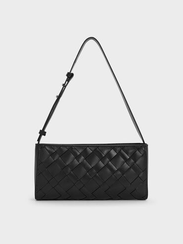Ivette Woven Elongated Shoulder Bag, Noir, hi-res