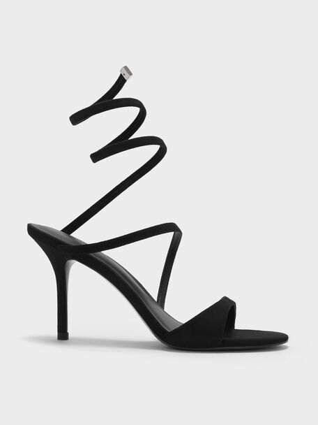 Emila Faux Suede Wraparound Heeled Sandals, Black Textured, hi-res