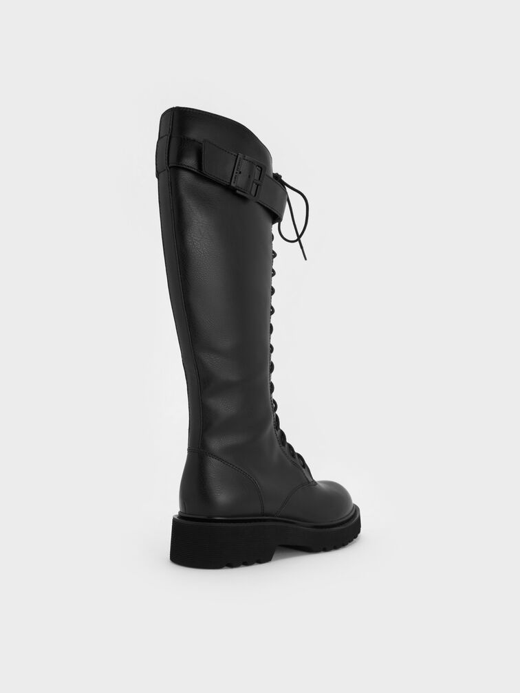 Darian Lace-Up Buckle-Strap Knee-High Boots, Black, hi-res