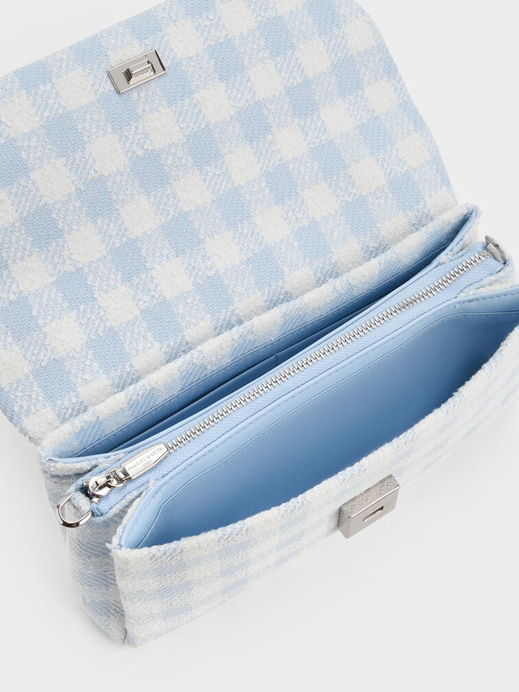 Hazel Gingham Bow Wallet On Chain, Gingham Blue, hi-res