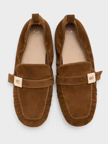 Cody Suede Metallic-Buckle Ruched Loafers, Brown, hi-res