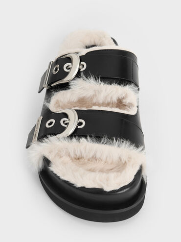 Hannah Furry Buckled Double-Strap Sandals, Black, hi-res