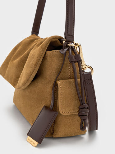 Khai Recycled Suede Ruched-Flap Side-Pocket Top Handle Bag, Sahara Sand, hi-res