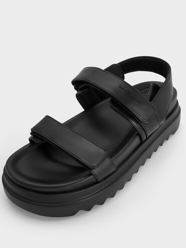 Double-Strap Ridged-Sole Flatform Sandals, Black, hi-res