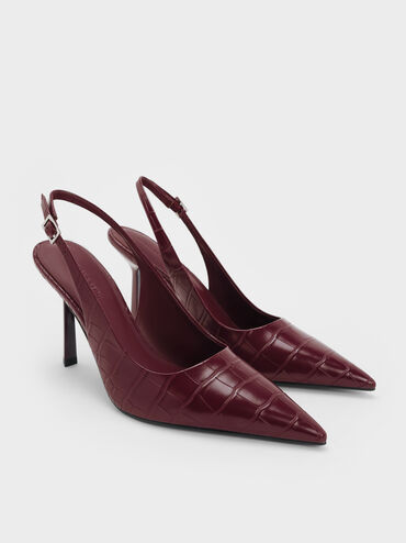 Croc-Effect Pointed-Toe Slingback Pumps, Animal Print Burgundy, hi-res