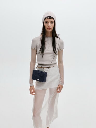 Jennis Lace & Satin Top Handle Bag, Dark Blue Textured, hi-res