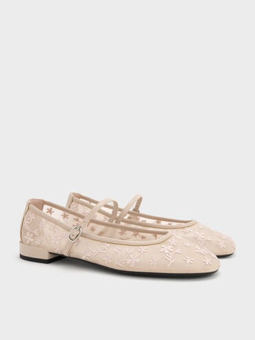 Gertrude Mesh Embroidered Floral Mary Janes, Nude, hi-res