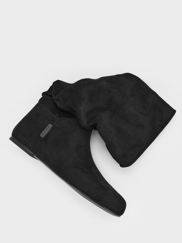 Faux Suede Ruched Knee-High Boots, Black Textured, hi-res