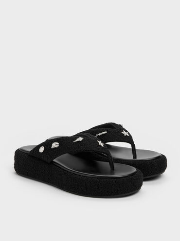 Tweed Beach Flatform Thong Sandals, Black Textured, hi-res