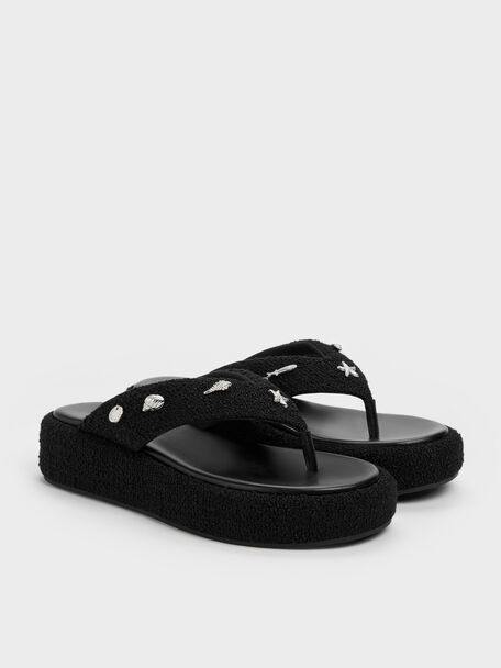 Tweed Beach Flatform Thong Sandals, Black Textured, hi-res