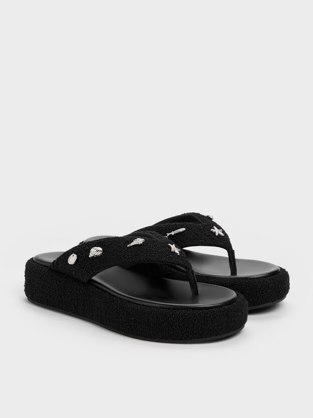Tweed Beach Flatform Thong Sandals, Black Textured, hi-res