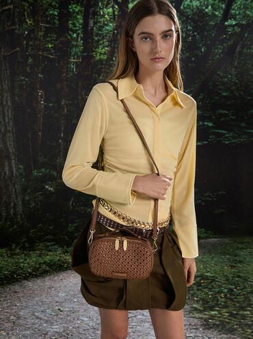 Azure Woven Crossbody Bag, Chocolate, hi-res