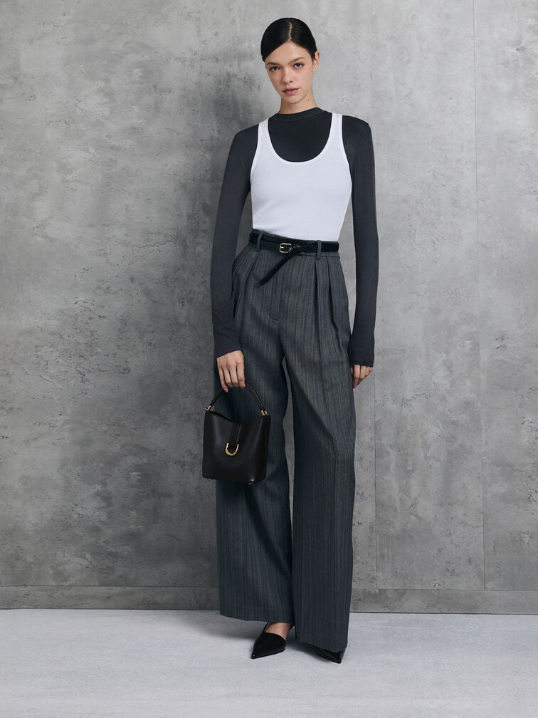 Gabine Leather Belted Top-Handle Bucket Bag, Black, hi-res