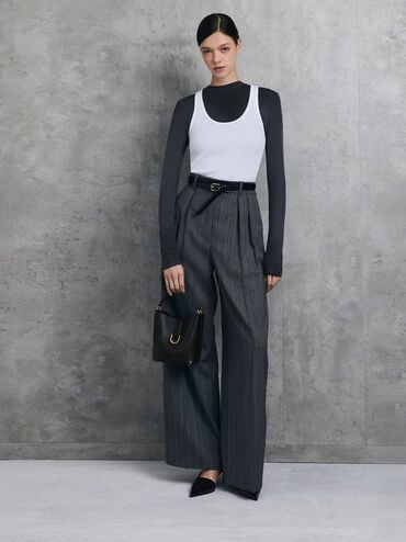 Gabine Leather Belted Top-Handle Bucket Bag, Black, hi-res