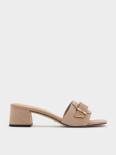 Whitney Suede & Leather Buckled Block-Heel Mules, Taupe, hi-res