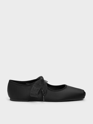 Camila Satin Mary Jane Flats, Black Textured, hi-res