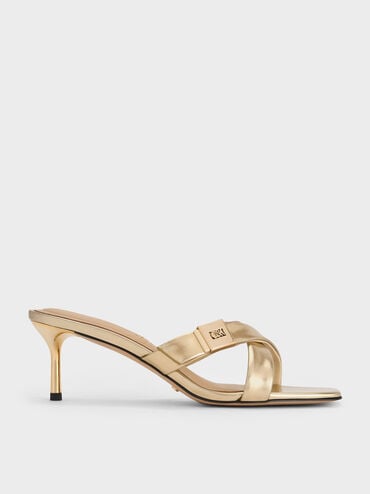 Cody Metallic Leather Crossover-Strap Heeled Sandals, Gold, hi-res