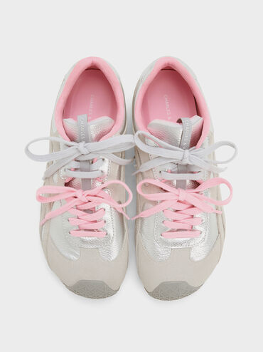 Metallic Leather & Suede Double-Lace Sneakers, Silver, hi-res