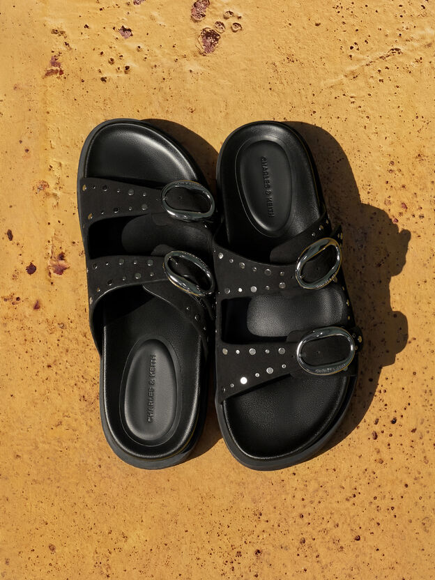 Studded Buckled Double-Strap Slides, Black, hi-res