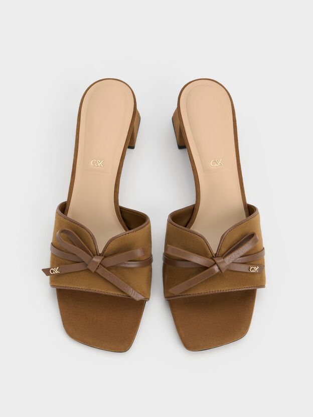 Leather & Suede Bow Heeled Mules, Brown, hi-res