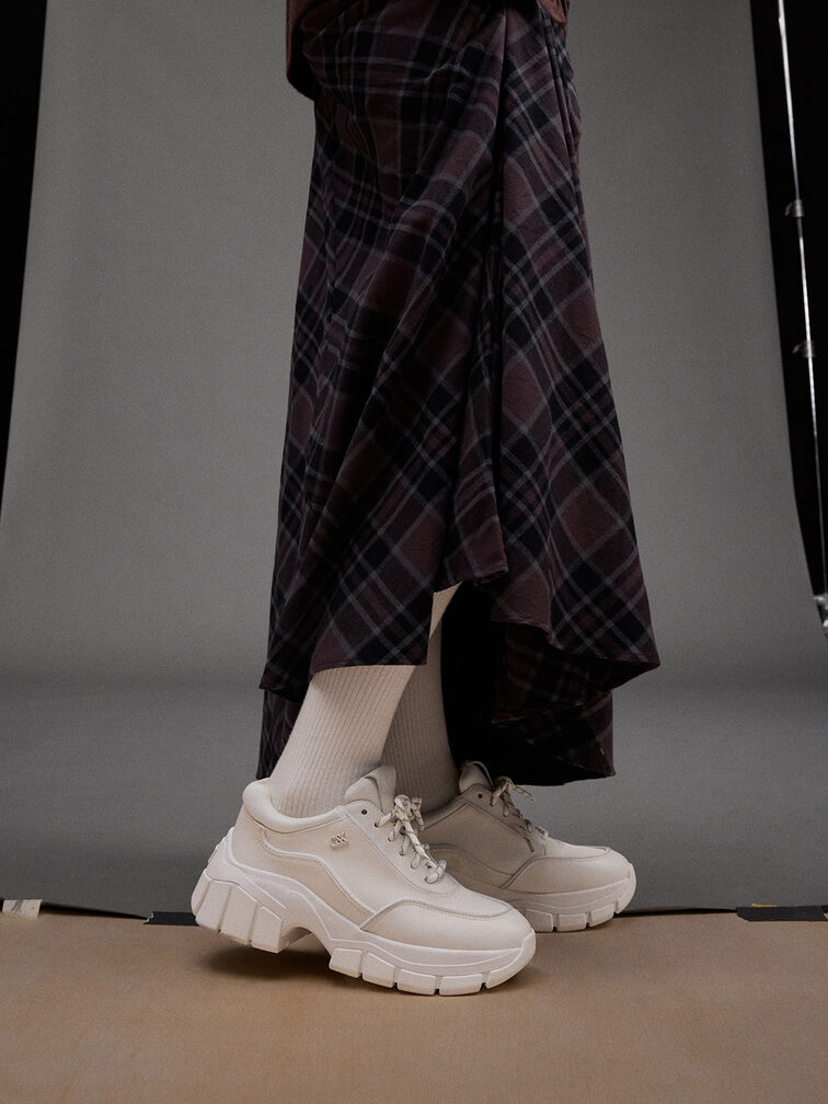 Yunna Leather & Recycled Fabric Chunky Sneakers, White, hi-res