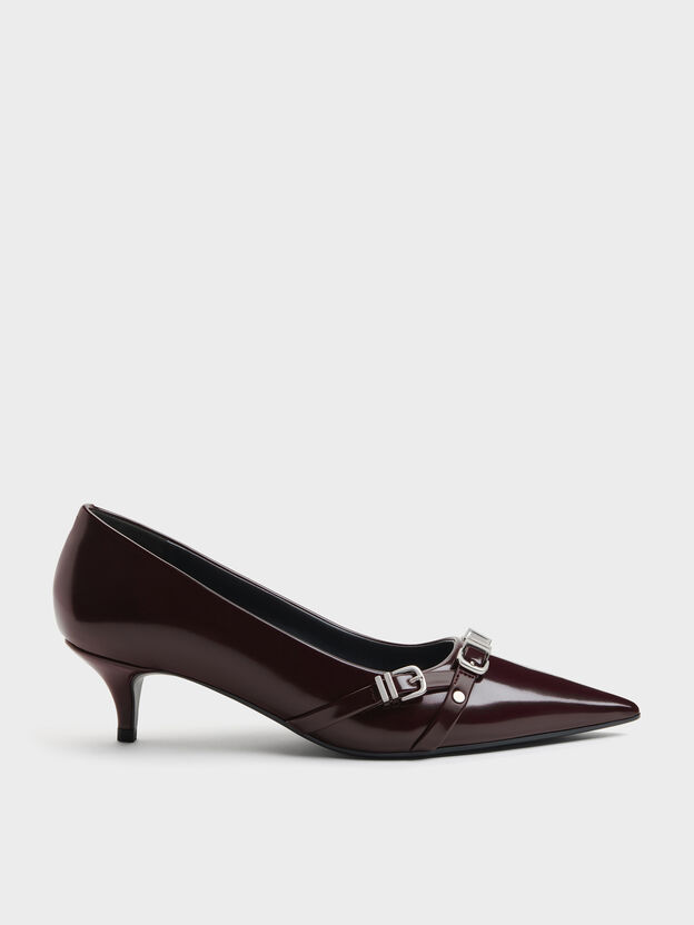 Aira Buckled-Strap Kitten Heels, Burgundy, hi-res