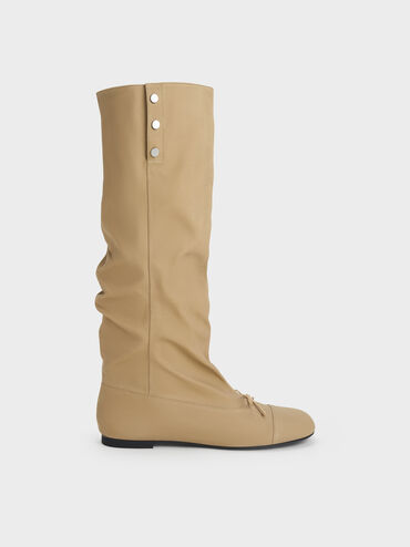 Gael Twill Studded Slouchy Knee-High Boots, Beige, hi-res