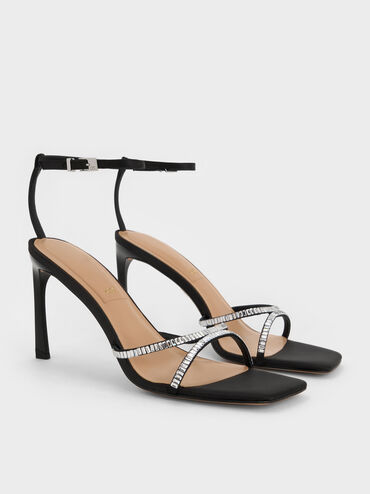 Recycled Polyester Crystal-Embellished Ankle-Strap Sandals, Black Textured, hi-res