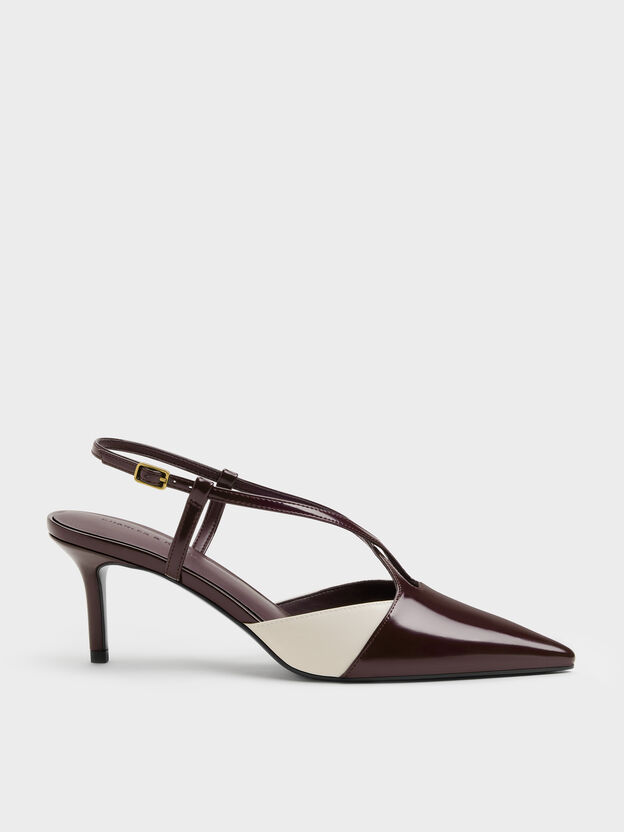 Two-Tone Pointed Slingback Pumps, Burgundy, hi-res