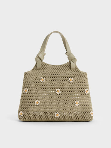 Mini Ida Flower Knitted Tote Bag, Pale Olive, hi-res