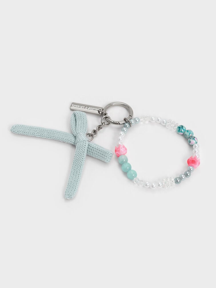 Crochet Bow Beaded Charm, Sea Salt Blue, hi-res
