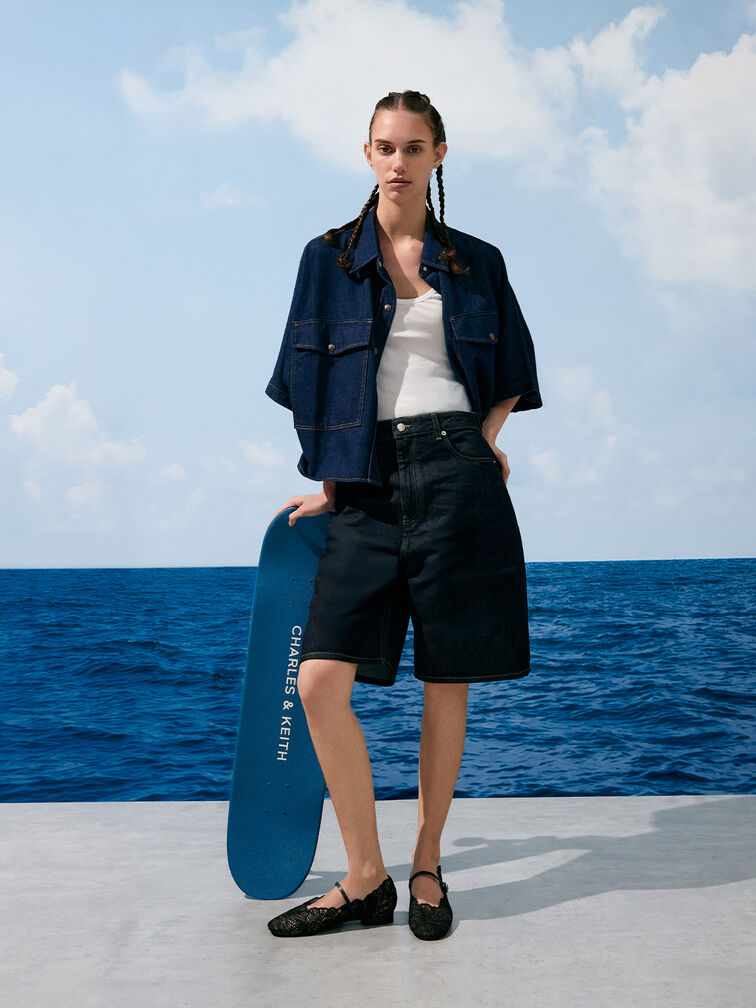 Meja Floral Mary Jane Flats, Black Textured, hi-res