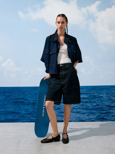 Meja Floral Mary Jane Flats, Black Textured, hi-res