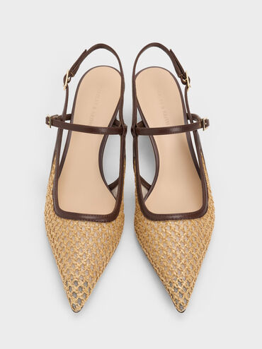 Raffia Sculptural-Heel Slingback Pumps, Dark Brown Textured, hi-res