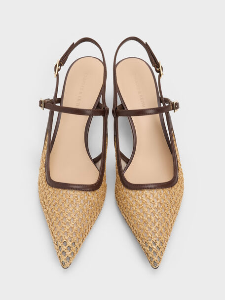 Raffia Sculptural-Heel Slingback Pumps, Dark Brown Textured, hi-res