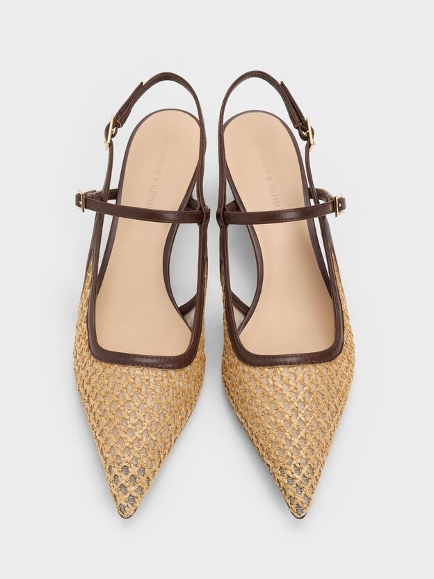 Raffia Sculptural-Heel Slingback Pumps, Dark Brown Textured, hi-res