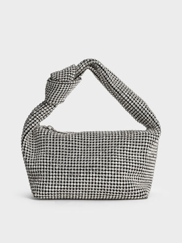 Crystal-Embellished Knotted-Strap Shoulder Bag, Silver, hi-res
