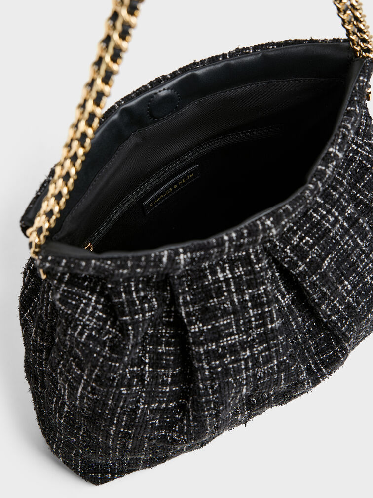 Duo Tweed Double-Chain Hobo Bag, Black Tweed, hi-res