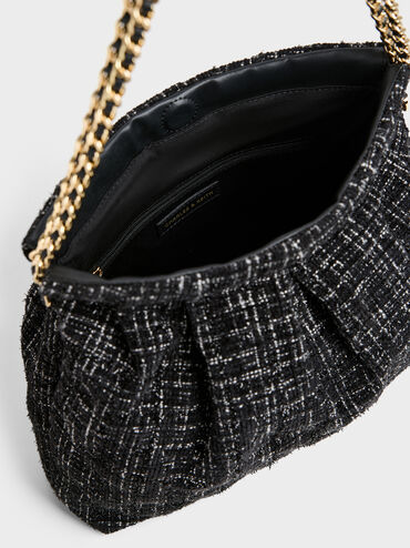 Duo Tweed Double-Chain Hobo Bag, Black Tweed, hi-res