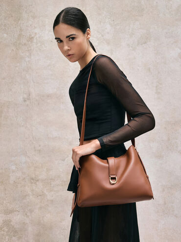 Gabine Leather Belted Hobo Bag, Chocolate, hi-res