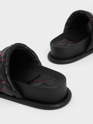 Dahlia Padded Quilted Heart-Print Sandals, Black, hi-res