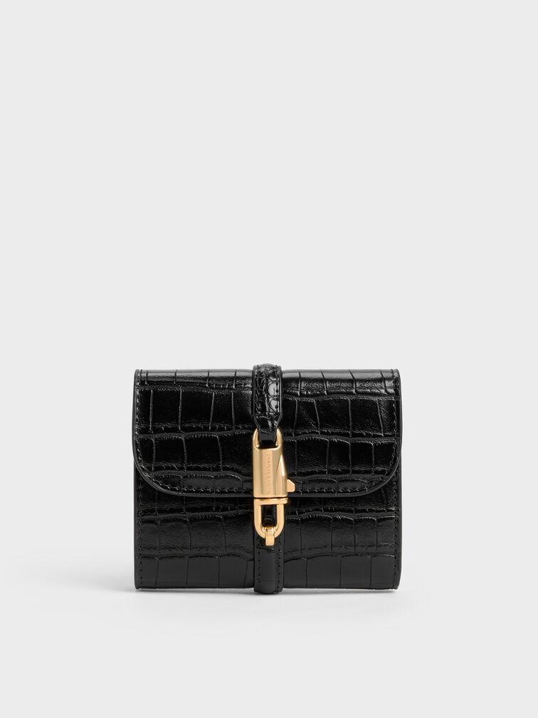 Delfina Croc-Effect Small Wallet, Black Croco, hi-res