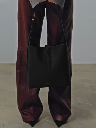 Beryl Recycled Leather Belted Hobo Bag, Black, hi-res