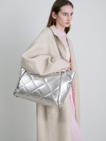 Apfra Metallic Quilted Chain-Embellished Tote Bag, Silver, hi-res