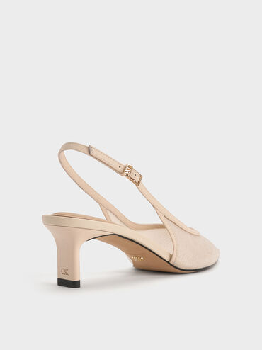 Sequin Mesh & Leather Slingback Kitten Heels, Nude, hi-res