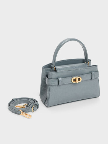 Aubrielle Croc-Effect Belted Top Handle Bag, Smoky Blue, hi-res