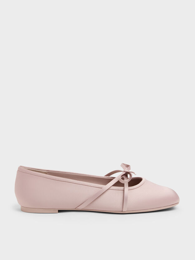 Satin Bow Ballet Flats, Pink, hi-res