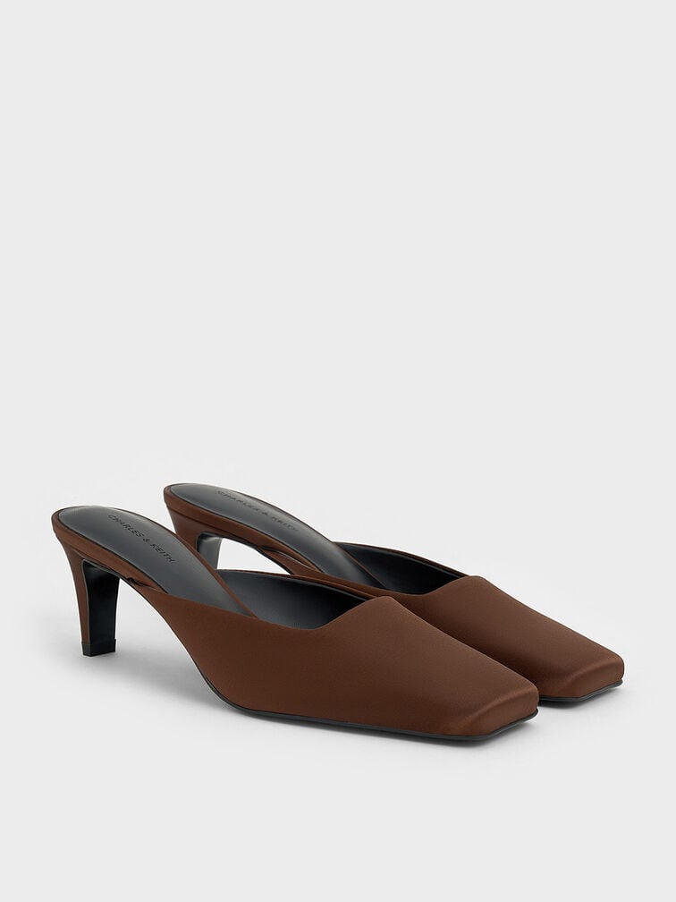 Satin Square-Toe Blade-Heel Mules, Dark Brown, hi-res