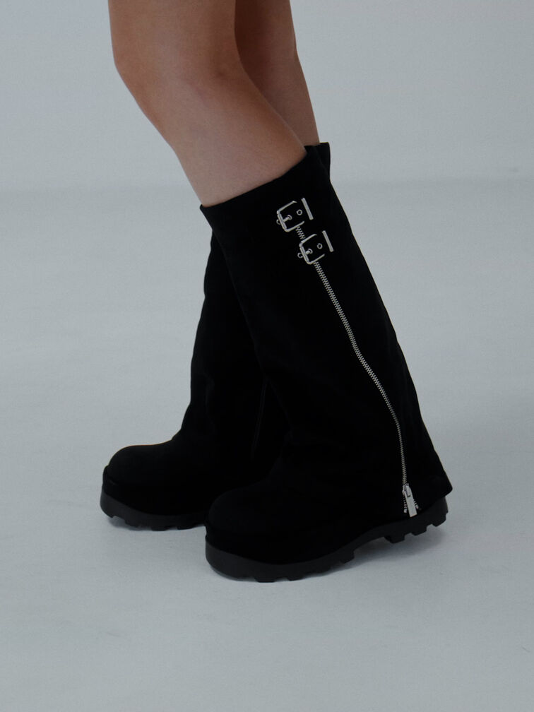 Barron Faux Suede Platform Knee-High Boots, Black Textured, hi-res